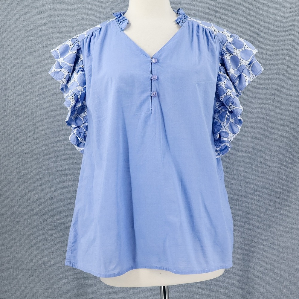 Mira Eyelet Floral Periwinkle Flutter Ruffle Popover Top XL Blue Cottage